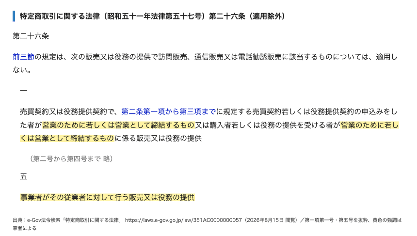 特定商取引法第二十六条第一項が営業のための契約と従業者への提供を適用除外にしている条文