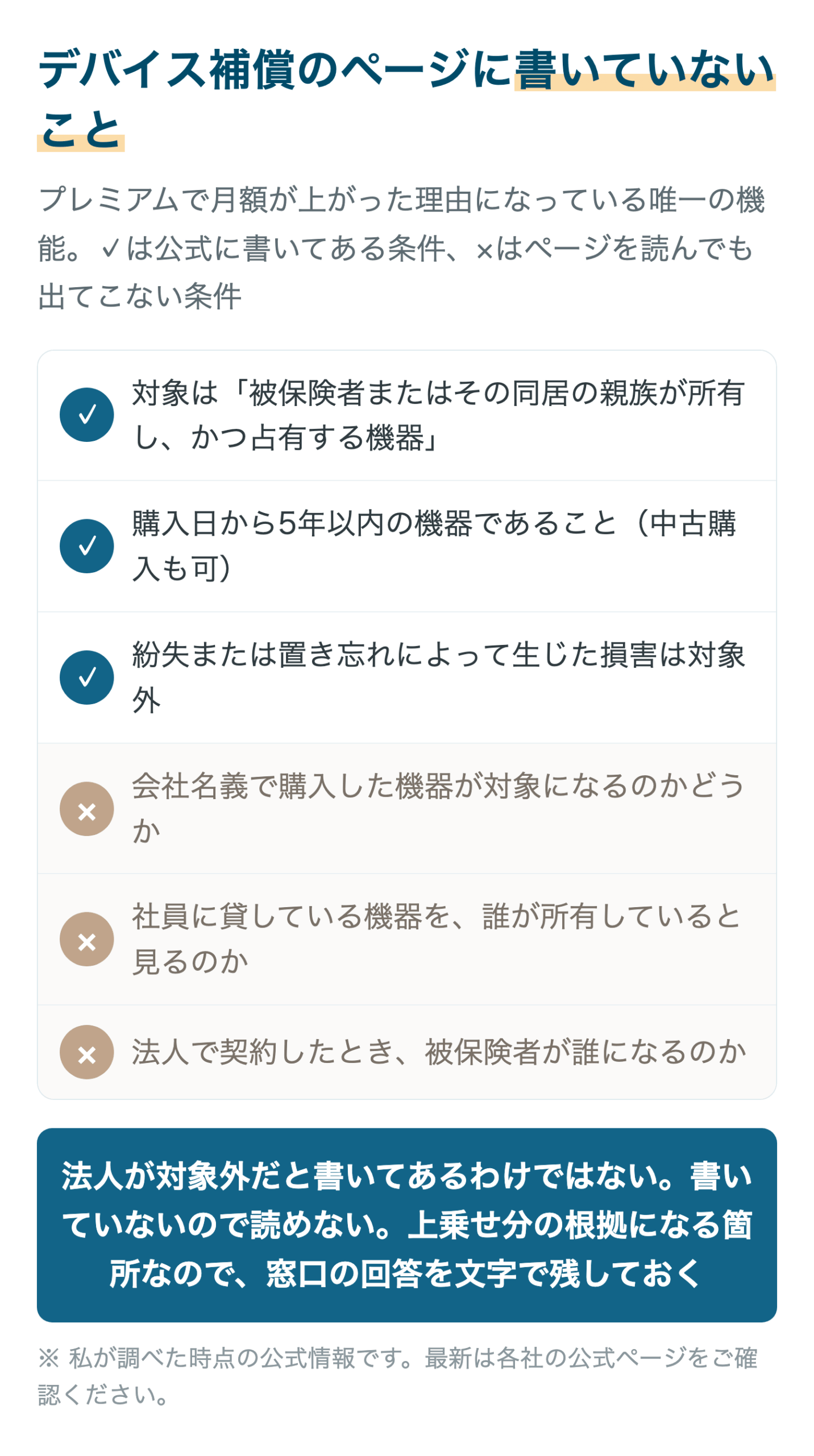 デバイス補償のページに書いていないこと